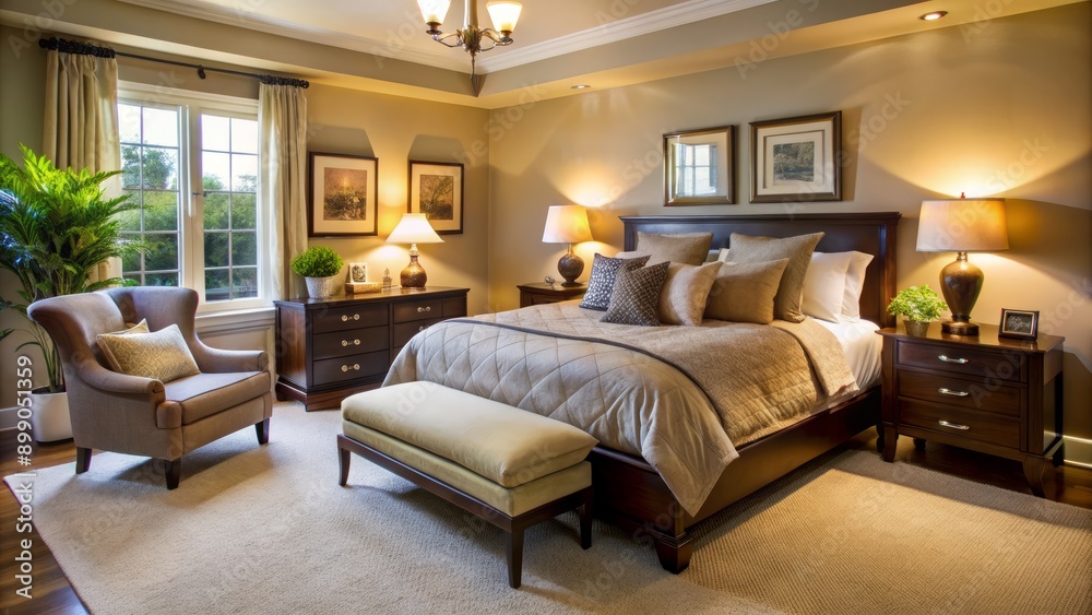 Cozy bedroom retreat features soft glow of table lamps, warm beige walls, plush carpet, and elegant dark wood furniture pieces. Cozy bedroom retreat features soft glow of table lamps, warm beige walls, plush carpet, and elegant dark wood furniture pieces.