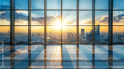 Panoramic view of a modern city through large glass windows, with the sun setting and reflecting on shiny floors © Rainister