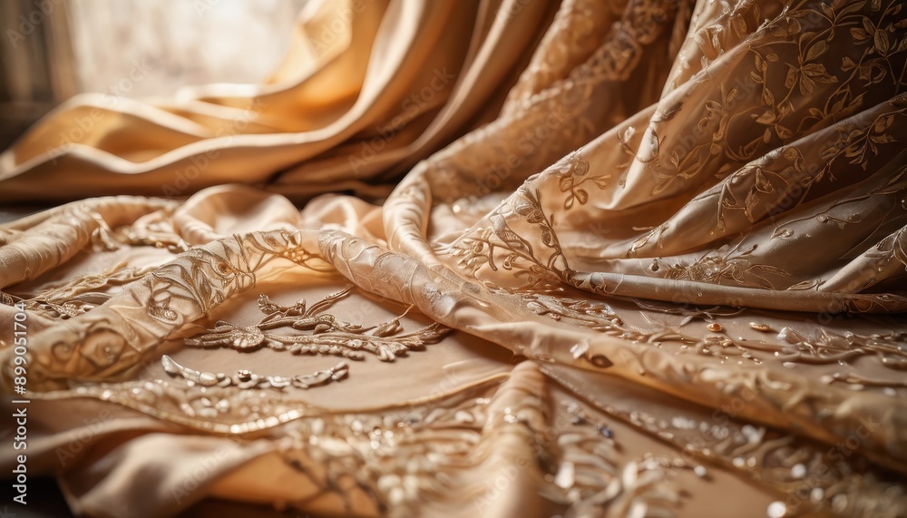 Beige Embroidered Fabric Texture. Beige Embroidered Fabric Texture.