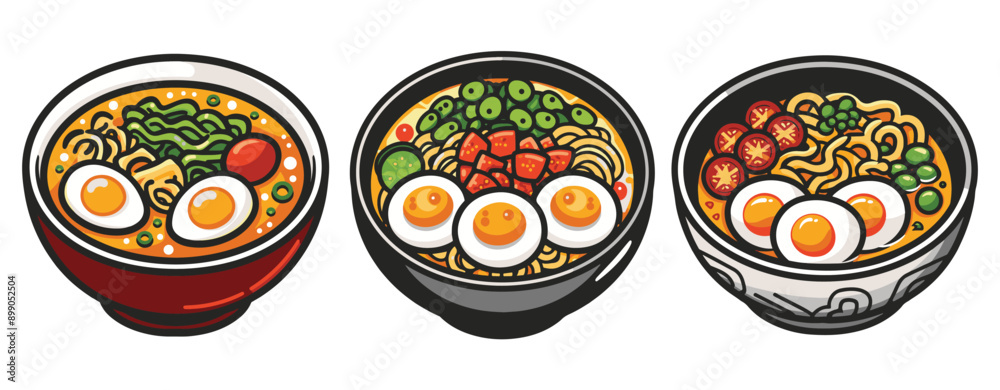 set of Bowl of japanese ramen menu illustration sticker ,generative ai