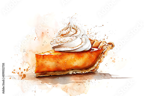 Watercolor Pumpkin Pie Slice with Whipped Cream