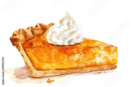 Watercolor illustration of a slice of pumpkin pie topped with whipped cream, capturing the delicious essence of a classic fall dessert. photo