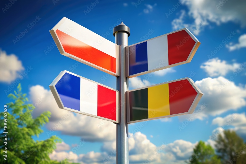Colorful signposts with language flags, including German, English, French, and Russian, stand against a bright background, symbolizing e-learning, global communication, and language mastery online. Colorful signposts with language flags, including German, English, French, and Russian, stand against a bright background, symbolizing e-learning, global communication, and language mastery online.