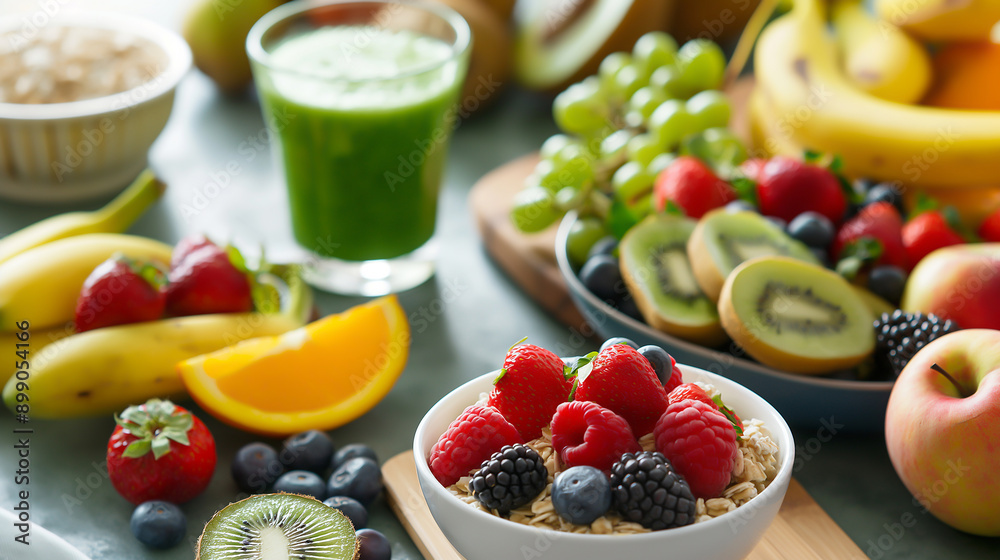 A healthy breakfast spread with oatmeal, fruits, and green juice A healthy breakfast spread with oatmeal, fruits, and green juice