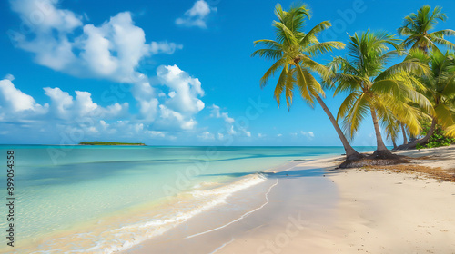 A serene beach with palm trees