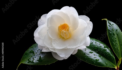 Dew-Kissed White Camellia on Black Background photo