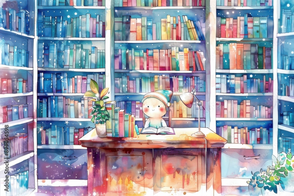 A whimsical illustration of a child studying in a colorful library filled with books, plants, and warm lighting. A whimsical illustration of a child studying in a colorful library filled with books, plants, and warm lighting.
