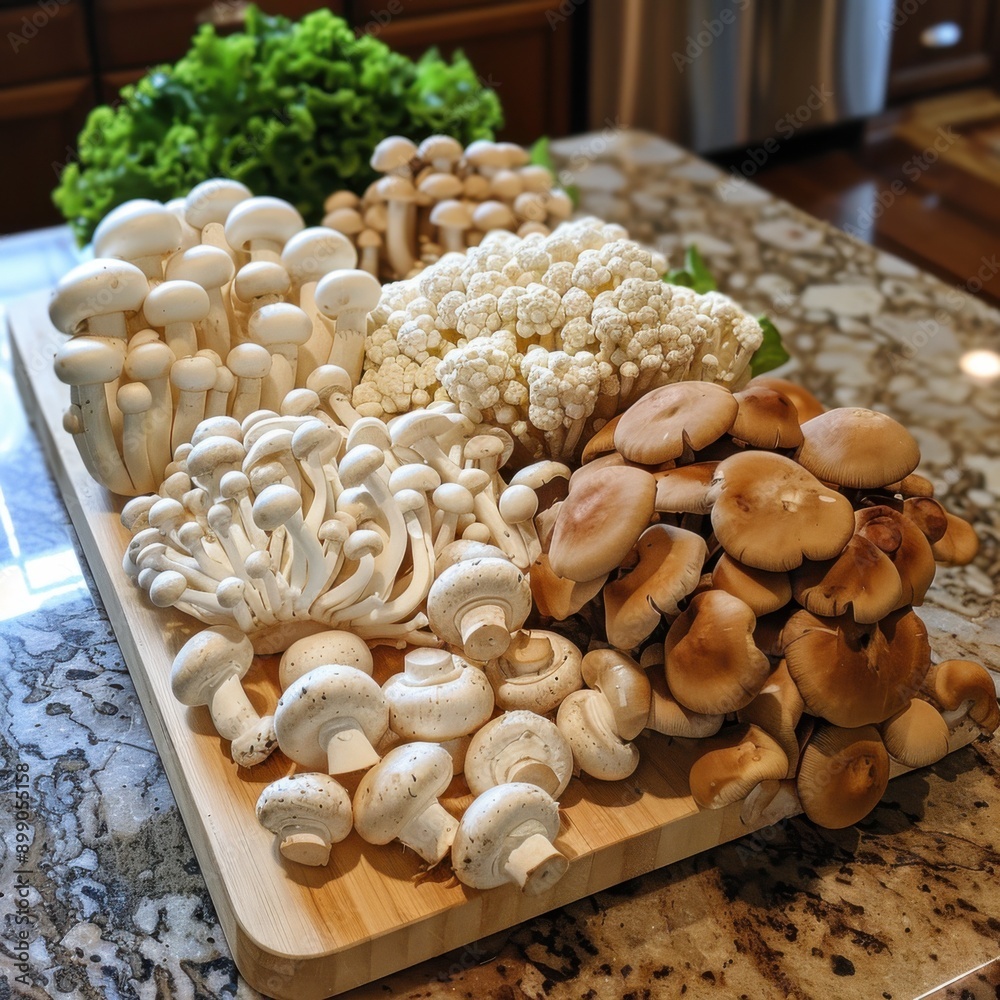 Fototapeta premium A variety of fresh mushrooms arranged on a wooden cutting board