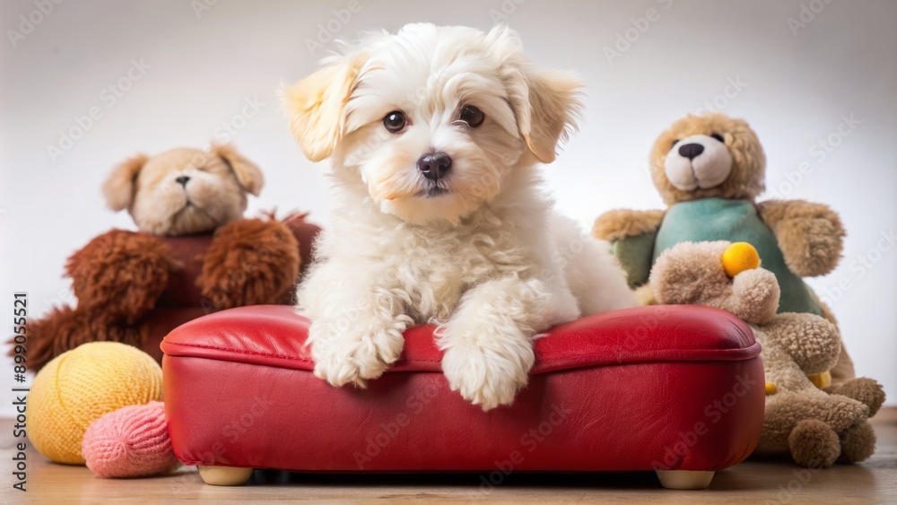 Adorable fluffy white puppy with big brown eyes lounges comfortably on a plush crimson ottoman surrounded by scattered toys. Adorable fluffy white puppy with big brown eyes lounges comfortably on a plush crimson ottoman surrounded by scattered toys.