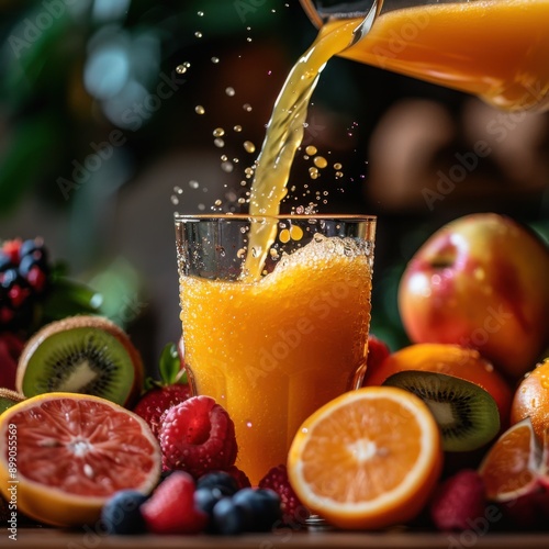 Freshly squeezed juice being poured into a glass with a backdrop of whole fruits