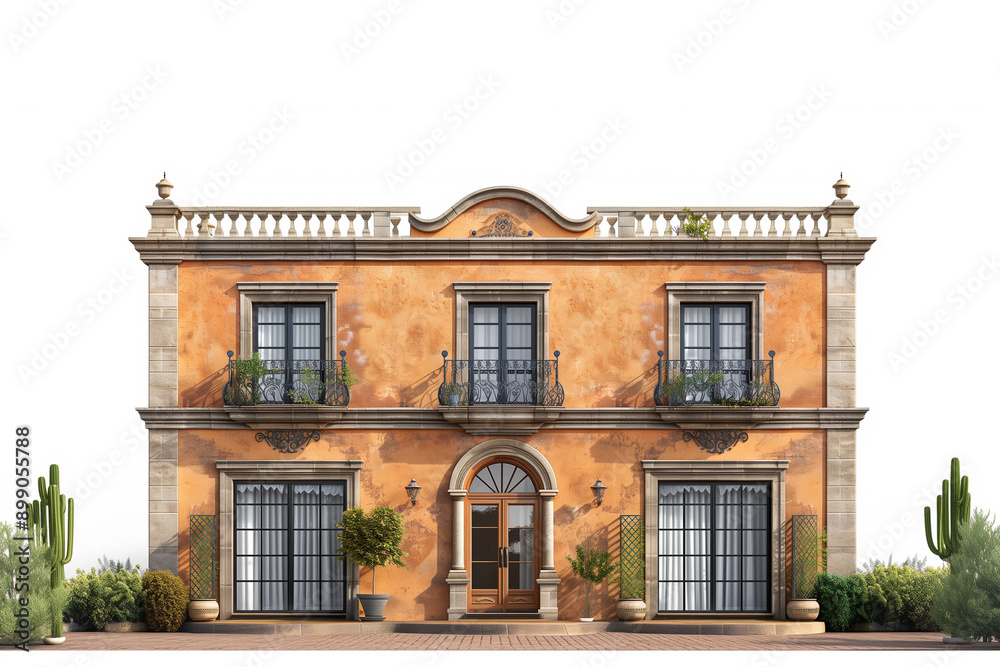 Naklejka premium A charming Mediterranean house with stucco walls and wrought iron details, featuring vibrant greenery and potted plants.