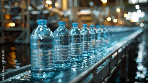 Modern beverage plant with a conveyor belt filled with fresh drinking water bottles, showcasing the manufacturing process of the bottled water industry