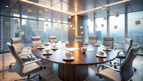 A futuristic conference room with brainstorming notes and coffee cups scattered, surrounded by empty chairs, symbolizing collaboration.