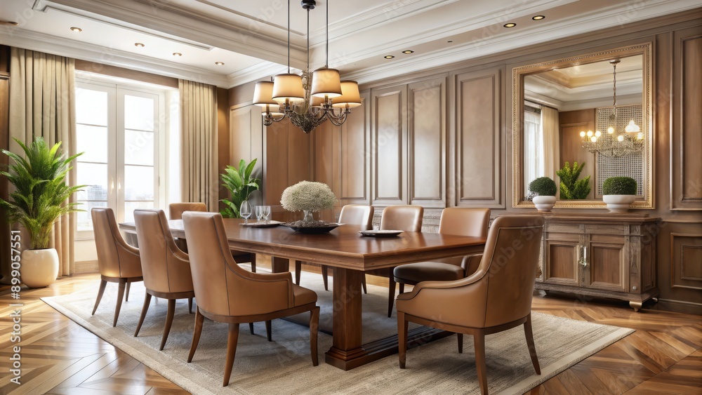Luxurious modern dining space features polished wooden table, leather chairs, and sparse ornaments against a backdrop of creamy walls. Luxurious modern dining space features polished wooden table, leather chairs, and sparse ornaments against a backdrop of creamy walls.