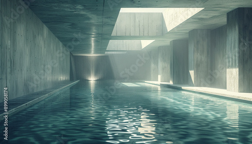 Contemporary luxury hotel pool with stylish lounge with empty frame