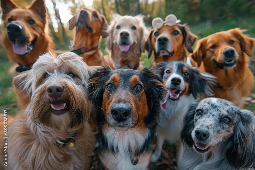 humorous scene of diverse dog breeds posing for a group selfie playful expressions and varied personalities captured against a softly blurred background