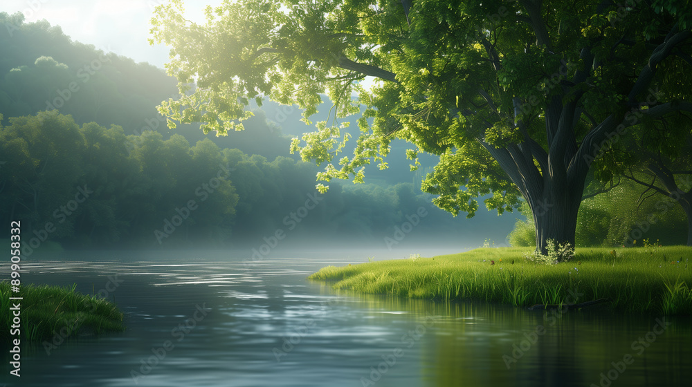 A serene river flowing through a lush forest, sunlight filtering through the trees creating a calm and peaceful atmosphere. A serene river flowing through a lush forest, sunlight filtering through the trees creating a calm and peaceful atmosphere.