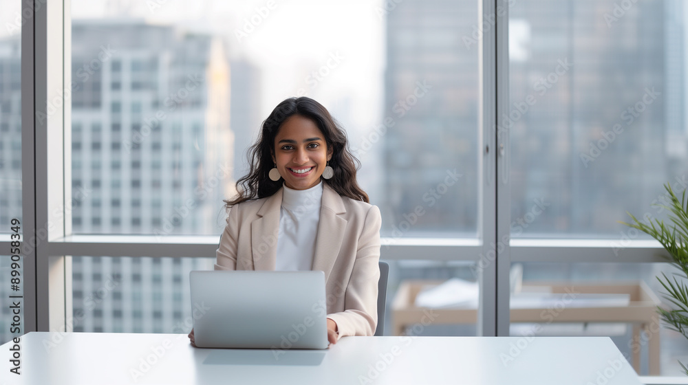 A confident Indian woman in a beige blazer working on a laptop in a high-rise office with a city view. A confident Indian woman in a beige blazer working on a laptop in a high-rise office with a city view.