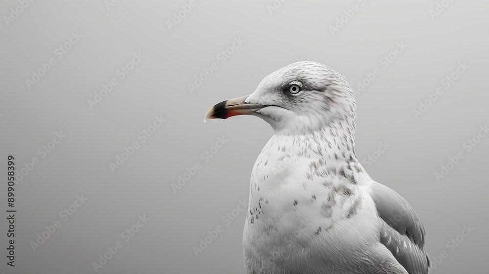 Single seagull with white and gray feathers stands alert, gazing intently against a smooth, muted backdrop Single seagull with white and gray feathers stands alert, gazing intently against a smooth, muted backdrop