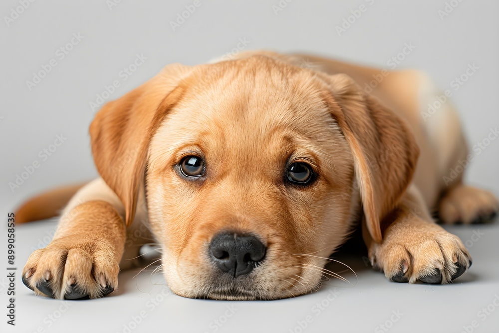 Photo of a pure brown Labrador lying down on the studio floor on a white background Photo of a pure brown Labrador lying down on the studio floor on a white background