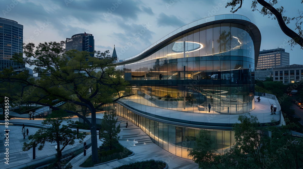 Fototapeta premium Contemporary museum with a curved glass facade, interactive LED art installations, and a landscaped rooftop terrace overlooking a bustling urban park