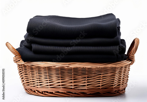 Wicker basket with a stack of dark, black clothes on a white background. Clean, folded, stacked black dark clothes in a wicker basket isolated. photo