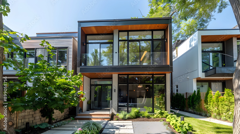 Contemporary townhouse with minimalist design, large windows, and a tree-lined street Contemporary townhouse with minimalist design, large windows, and a tree-lined street