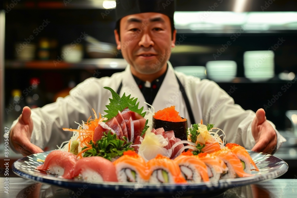 Chef Presenting Fresh Sushi and Sashimi Platter Chef Presenting Fresh Sushi and Sashimi Platter