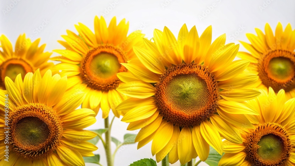 Fototapeta premium Vibrant yellow petals surround intricate, dark centers of freshly bloomed sunflowers, standing upright against a crisp, clean white background.