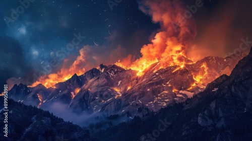 Fiery Night: Wildfire Illuminating Mountain Range in the Dark Sky