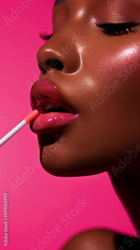 close up of a black woman applying lipstick lip gloss, pink fuchsia background, bright, social media post, beauty, makeup artist, mua, blush, make-up, liquid lipstick