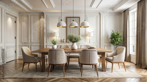 Elegant dining space featuring sleek wooden table, high-backed chairs, and sparse modern decor surrounded by walls of creamy white paint.