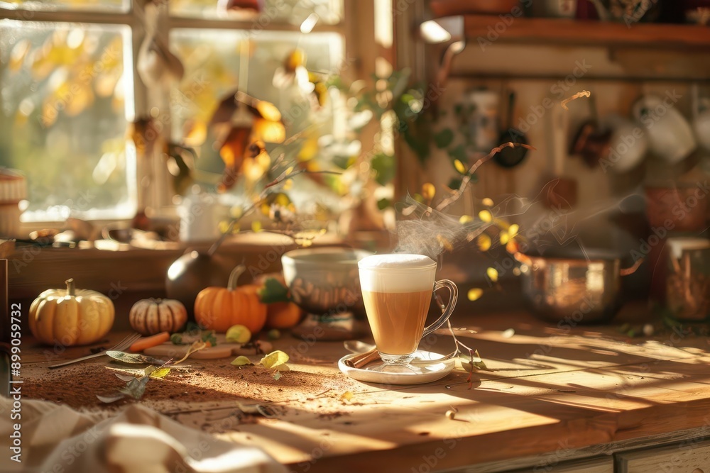 inviting scene of a rustic kitchen counter with a steaming glass of pumpkin spice latte surrounded by autumn decorations and bathed in soft sunlight inviting scene of a rustic kitchen counter with a steaming glass of pumpkin spice latte surrounded by autumn decorations and bathed in soft sunlight