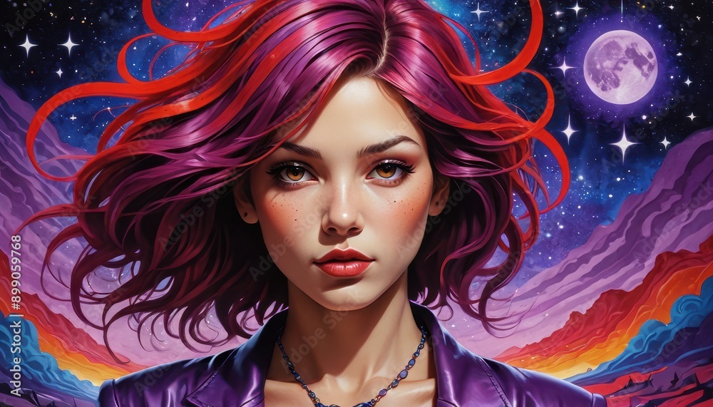 Woman with Purple Hair and Red Highlights in a Starry Night Sky.