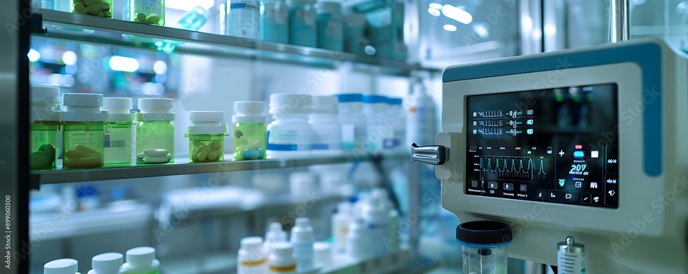 A detailed view of a smart medicine dispenser in a hospital setting, ensuring accurate dosage and timing for patient safety. A detailed view of a smart medicine dispenser in a hospital setting, ensuring accurate dosage and timing for patient safety.