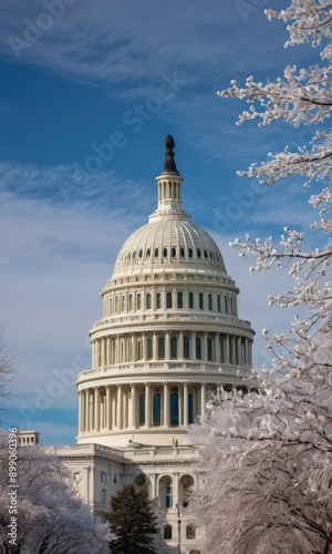 US Capitol Building with Snowy Trees.