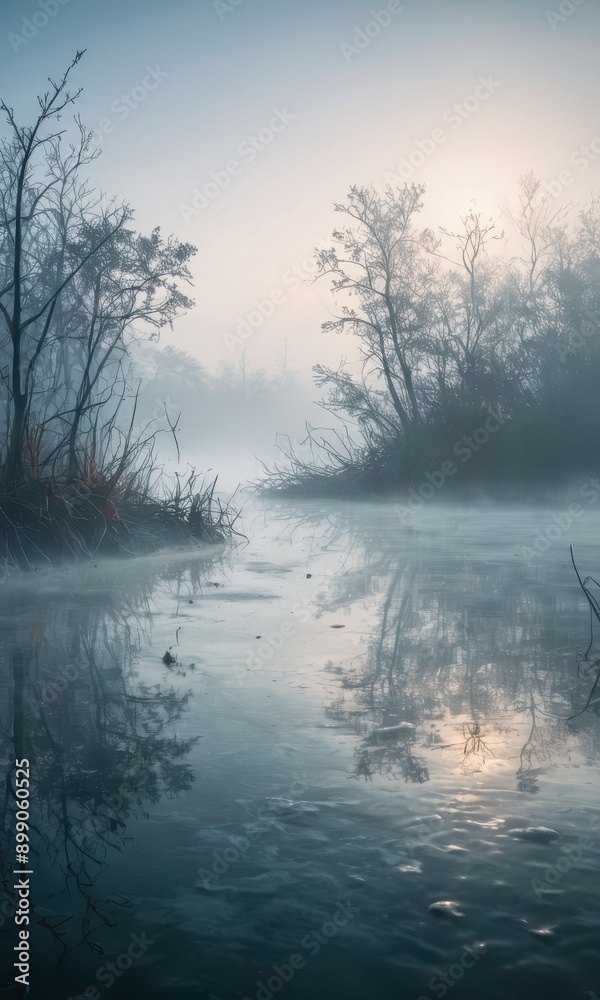 Misty Morning River Landscape with Reflections. Misty Morning River Landscape with Reflections.