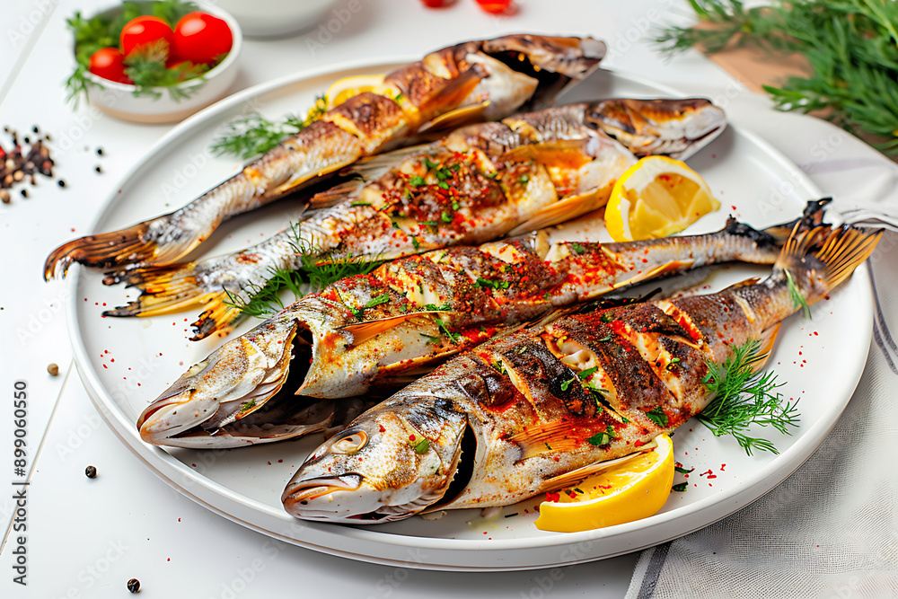 Plate of tasty Fish with on white background. Plate of tasty Fish with on white background.