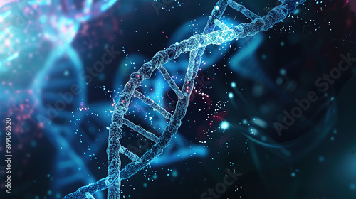 3d rendering of blue and orange DNA on dark background with bokeh effect