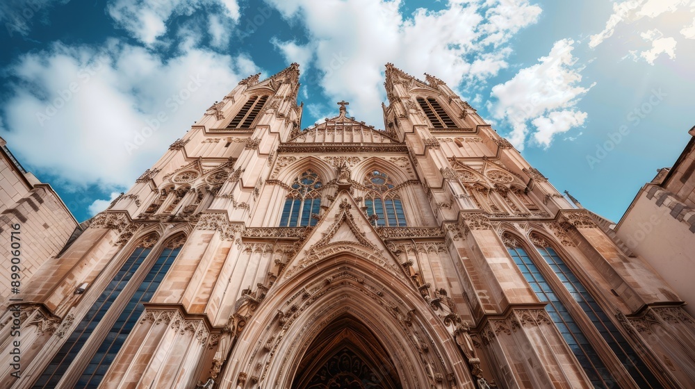 Fototapeta premium Gothic cathedral with towering spires, detailed stone carvings, and large stained glass windows, atmospheric clouds in the background, timeless and majestic