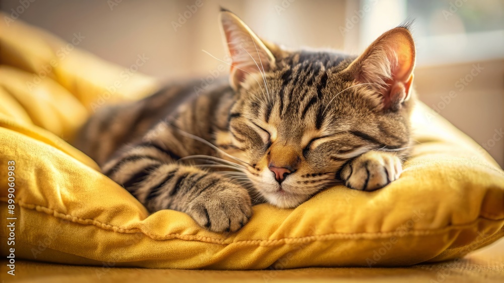 Adorable tabby cat snoozes serenely on a soft yellow pillow, exuding contentment and tranquility in a warm cozy home setting. Adorable tabby cat snoozes serenely on a soft yellow pillow, exuding contentment and tranquility in a warm cozy home setting.