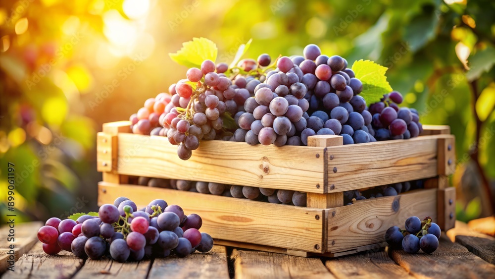 A rustic wooden crate overflows with a bounty of fresh, plump, purple grapes against a warm, sunlit, natural background. A rustic wooden crate overflows with a bounty of fresh, plump, purple grapes against a warm, sunlit, natural background.