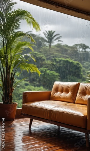 Leather Sofa by the Window with Rain and Palm Trees. © BOJOShop
