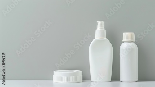 White cosmetic bottles on gray background for makeup beauty industry production, blank copy space for text