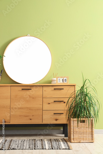Houseplant and mirror on wooden chest of drawers near green wall