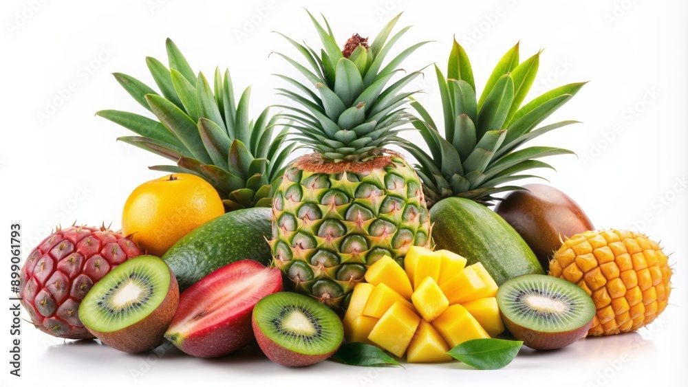 Vibrant colorful array of exotic fruits, including pineapple, kiwi, and mango, artfully arranged on a white background. Vibrant colorful array of exotic fruits, including pineapple, kiwi, and mango, artfully arranged on a white background.