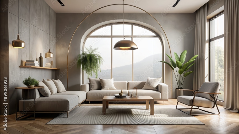 Sleek minimalist living room featuring arched window, suspended ceiling light, and abstract geometric sculpture amidst neutral-toned modern furnishings. Sleek minimalist living room featuring arched window, suspended ceiling light, and abstract geometric sculpture amidst neutral-toned modern furnishings.