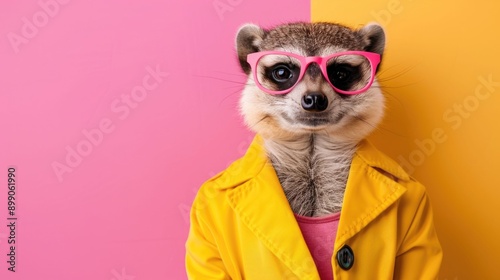 Whimsical portrait of a meerkat wearing trendy sunglasses and a bright yellow jacket posing confidently against a vibrant pastel colored background with a shallow depth of field for a creative photo