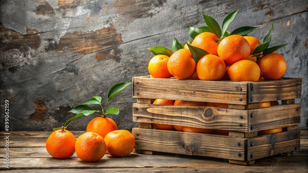 Vibrant oranges overflowing from worn wooden crate with rustic slats and distressed edges on a weathered stone surface. Vibrant oranges overflowing from worn wooden crate with rustic slats and distressed edges on a weathered stone surface.