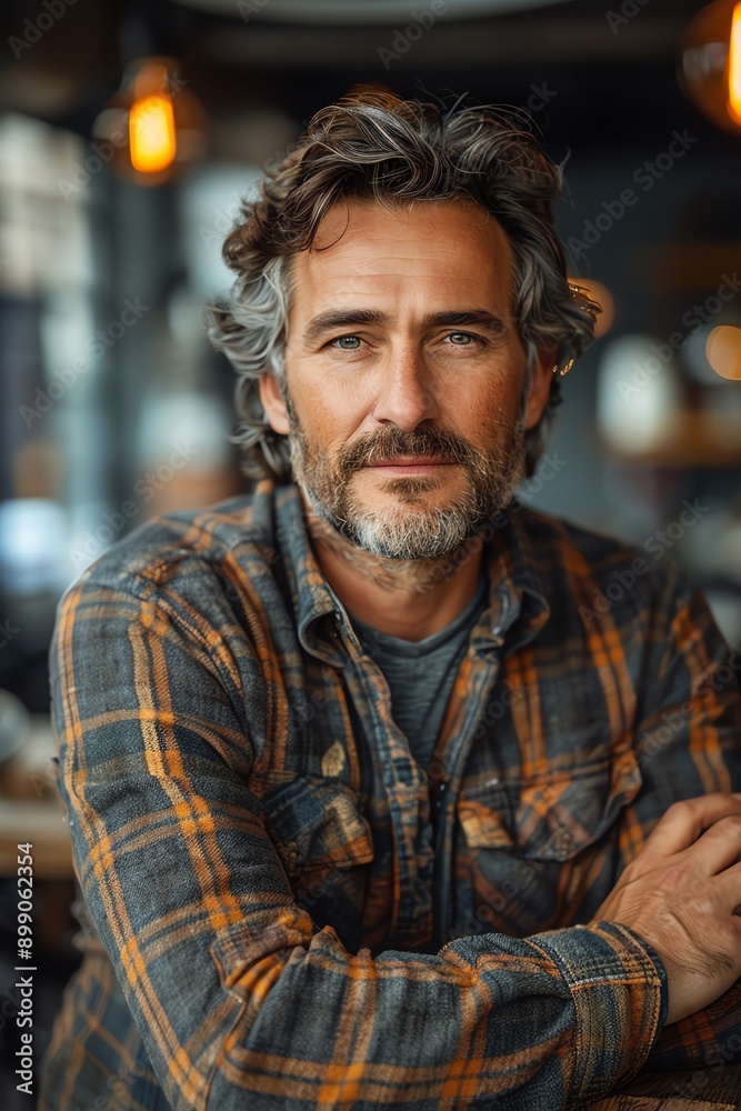 Middleaged man in plaid shirt, relaxed demeanor, busy office background, warm lighting, medium shot Middleaged man in plaid shirt, relaxed demeanor, busy office background, warm lighting, medium shot